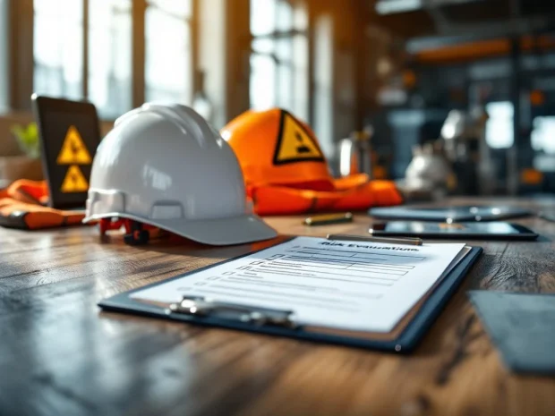 Werkplek veiligheidsbeoordeling met checklist, helm, veiligheidsvest en tablet op bureau in kantooromgeving