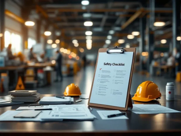 Klembord met veiligheidscontrolelijsten op industriële werkplek met veiligheidshelmen en EHBO-stations op achtergrond