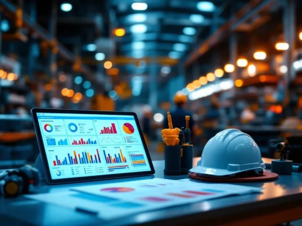 Moderne industriële werkplek met tablet met risicobeoordelingen, veiligheidshelmen en beschermende uitrusting op werkbank