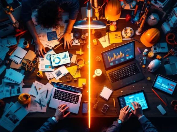 Split-screen vergelijking van rommelig kantoor met papieren documenten versus modern digitaal werkstation met Microsoft 365