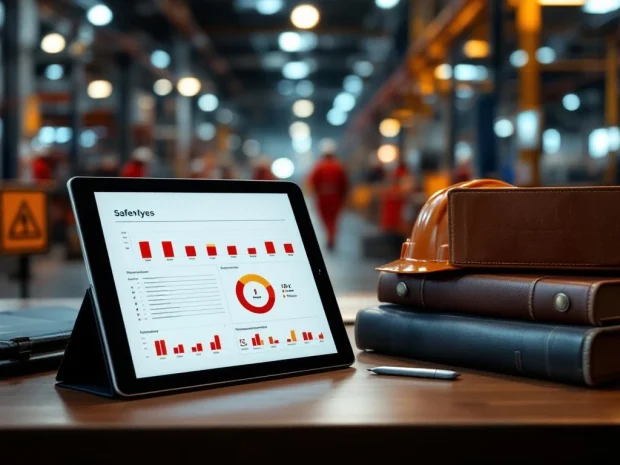 Bureau met veiligheidsdocumenten, helm en tablet met risicoanalyse grafieken, industriële werkplek op achtergrond