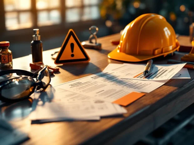 Bouwhelm, veiligheidsbril en waarschuwingsborden op houten bureau met industriële veiligheidsdocumenten en gereedschap