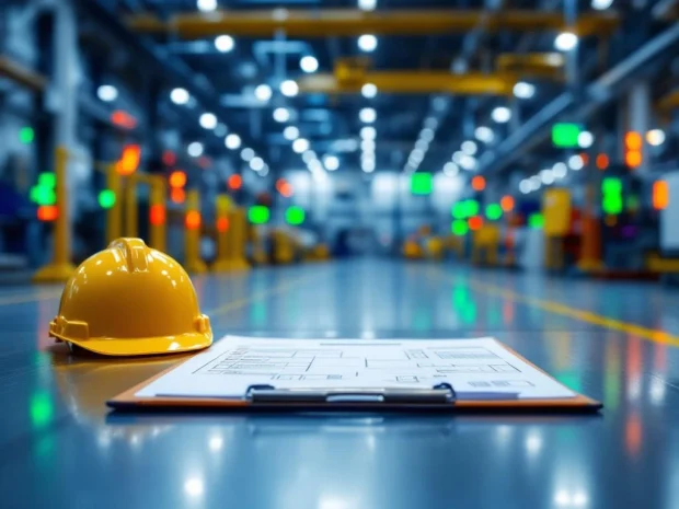 Veiligheidsinspectie klembord met checklists op fabrieksvloer met helmen, nooduitgangen en waarschuwingsborden