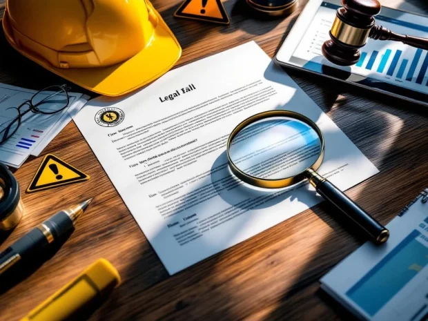 Juridisch document met officiële stempels op houten bureau, omringd door gele veiligheidshelm en veiligheidsbril