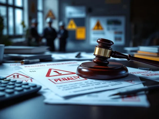 Bureaubureau met rechterlijke hamer op juridische documenten, rode waarschuwingsstempels en boetebeschikkingen zichtbaar
