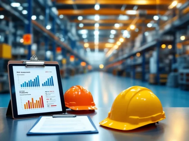 Moderne industriële werkplek met veiligheidshelmen, risicobeoordeling formulieren en productiviteitsgrafiek op tablets