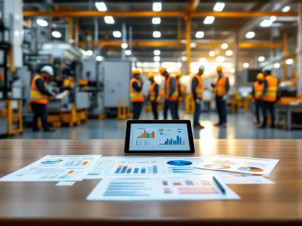 Moderne industriële werkplek met veiligheidsimplementatie, risicobeoordelingsdocumenten op tafel en werknemers in hesjes
