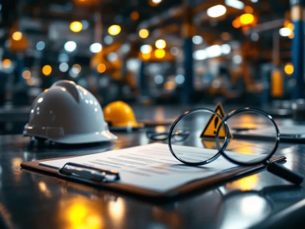 Industriële werkplek met veiligheidsuitrusting, helmen en klembord met documentatie op metalen bureau