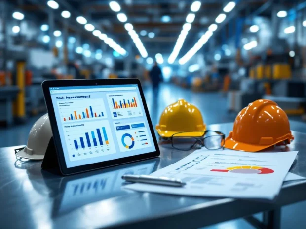 Moderne industriële werkplek met veiligheidsuitrusting op stalen tafel, tablet met risicoanalyse en fabrieksvloer op achtergrond