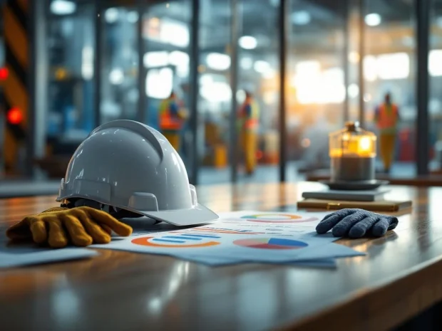 Veiligheidshelm, handschoenen en tablet met risicobeoordelingen op bureau in moderne industriële werkplaats