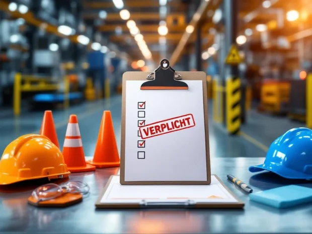 Industriële werkplek met veiligheidsuitrusting, helmen en klembord met rode "VERPLICHT" stempel op metalen tafel