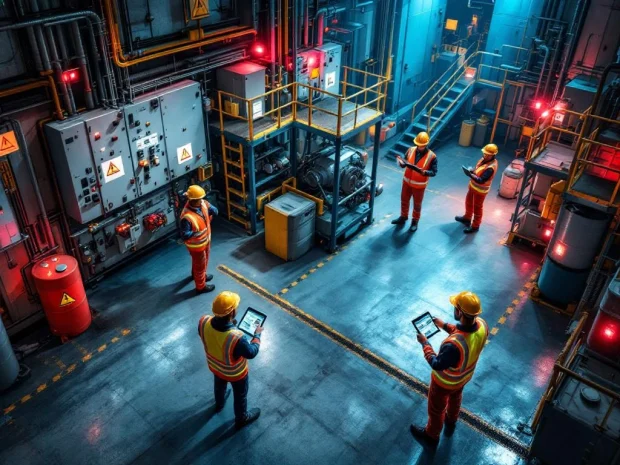 Werknemers in veiligheidsvesten voeren risicobeoordelingen uit in moderne industriële werkplaats met gevaarlijke apparatuur