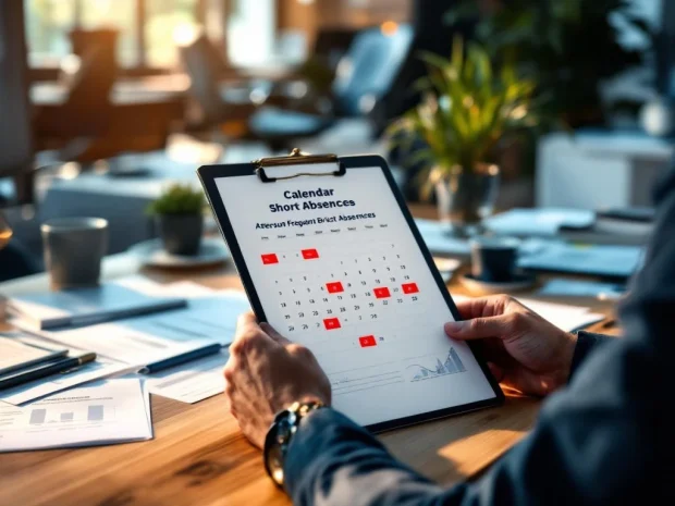 Professionele handen houden klembord met verzuimpatronen vast bij bureau met digitale agenda en HR-beleidsdocumenten