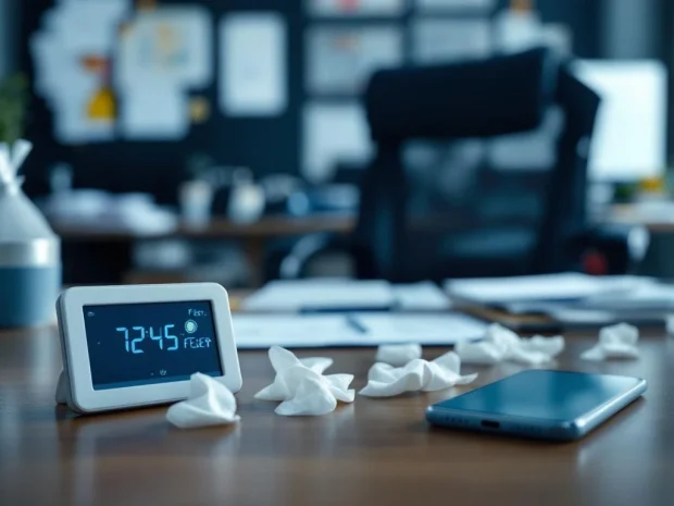 Lege kantoorwerkplek met koorts thermometer, tissues en gemiste oproepen op smartphone, ziekteverzuim concept