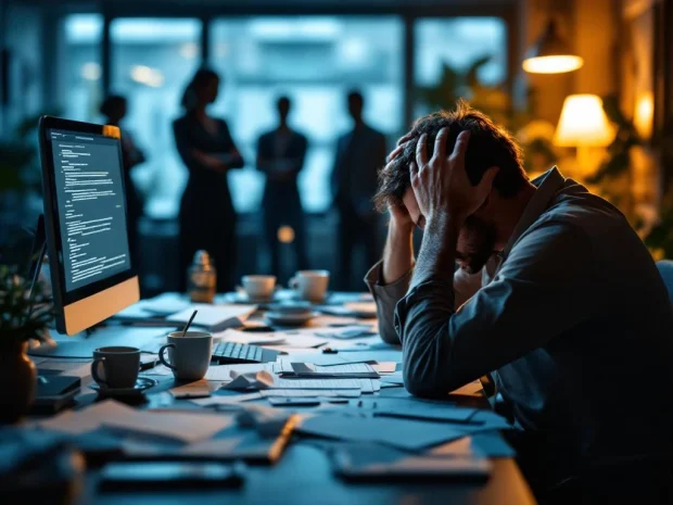 Gestresste werknemer houdt hoofd vast bij rommelig bureau met papieren, koffiekopjes en overvolle inbox