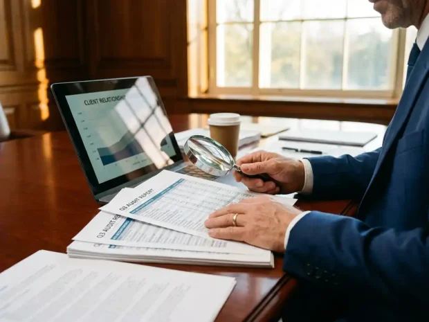 Zakelijke consultant in marineblauw pak onderzoekt auditdocumenten met vergrootglas aan conferentietafel met laptop