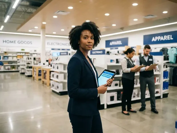 Professionele bedrijfsconsultant in marineblauw pak toont veiligheidschecklist op tablet in moderne winkel