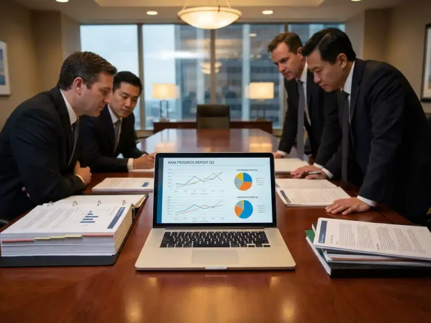 Executives bekijken KAM voortgangsgrafieken op laptop tijdens boardroom vergadering aan mahonie tafel