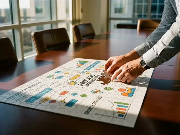 Zakelijke consultant plaatst laatste puzzelstuk op tafel, toont bedrijfsprocessen en grafieken in warm kantoorlicht