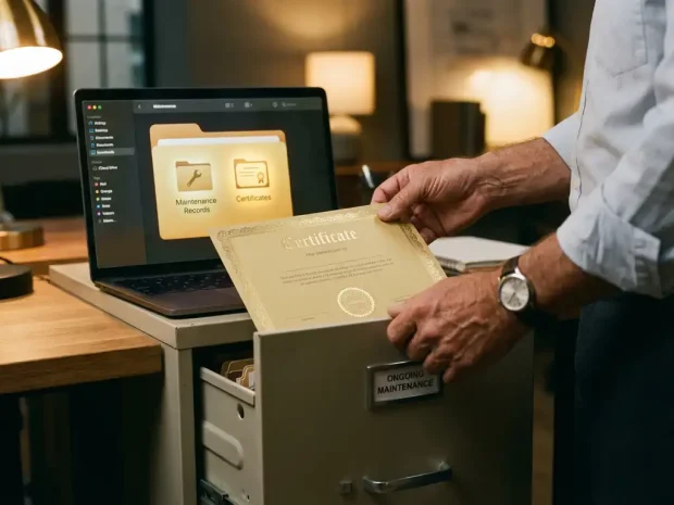Professionele handen plaatsen gouden certificaat in archiefkast naast laptop met digitale mappen voor onderhoudsdocumentatie
