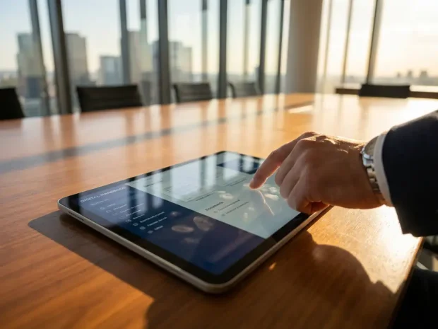 Tablet met digitale handleiding op vergadertafel, zakenhand raakt touchscreen aan in modern kantoor