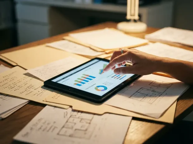 Tablet met digitale grafieken op houten bureau met papieren documenten, professionele hand raakt scherm aan