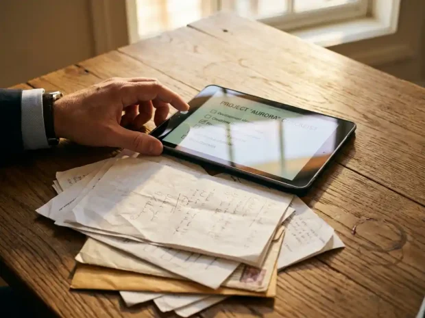Zakenman pakt moderne tablet met digitale formulieren op van bureau met papieren documenten in natuurlijk licht