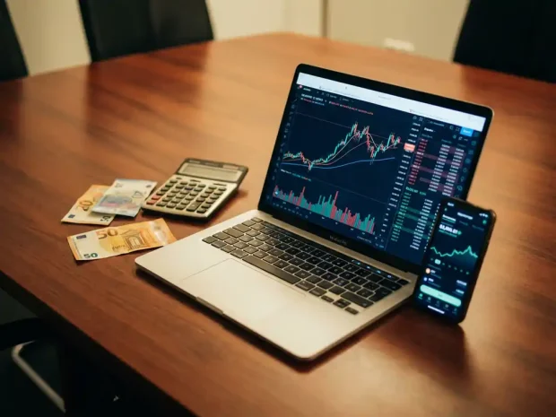 Laptop met financiële grafieken op vergadertafel met eurobiljetten, rekenmachine en smartphone in modern kantoor