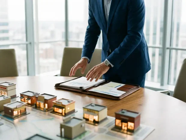 Zakelijke executive in pak presenteert franchisemodellen aan conferentietafel met portfolio en documenten
