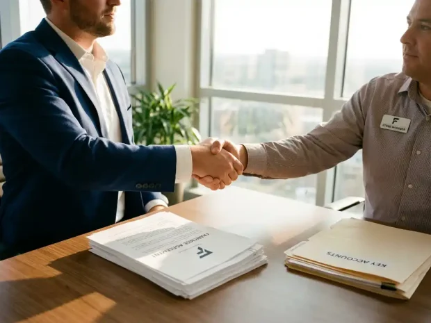 Zakenman en franchisemanager schudden handen over conferentietafel met officiële documenten en contracten