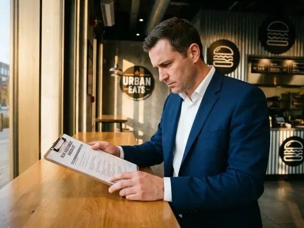 Bedrijfsconsultant in marineblauw pak bekijkt risicobeoordelingslijst op klembord in moderne franchiserestaurant