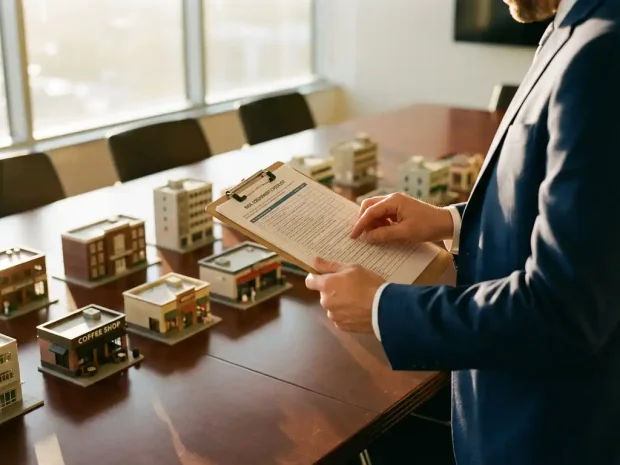 Zakelijke consultant in marineblauw pak bekijkt risicobeoordeling checklist met franchise locatie modellen op tafel