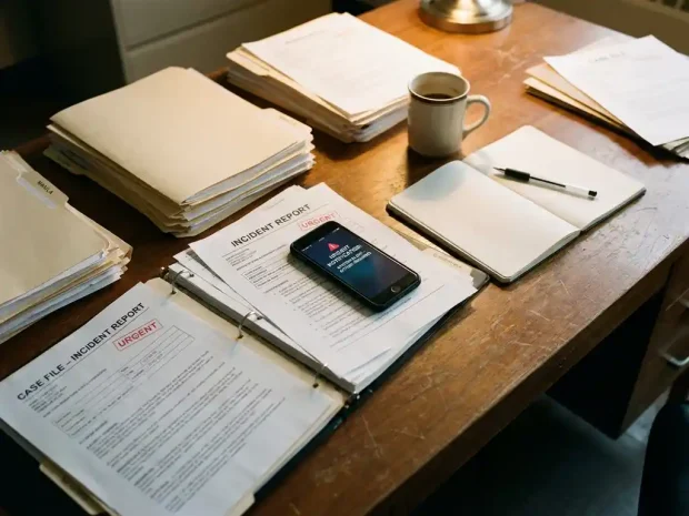 Smartphone met urgente melding op bureau vol incidentrapporten en documenten, koffiemok en pen op werkplek