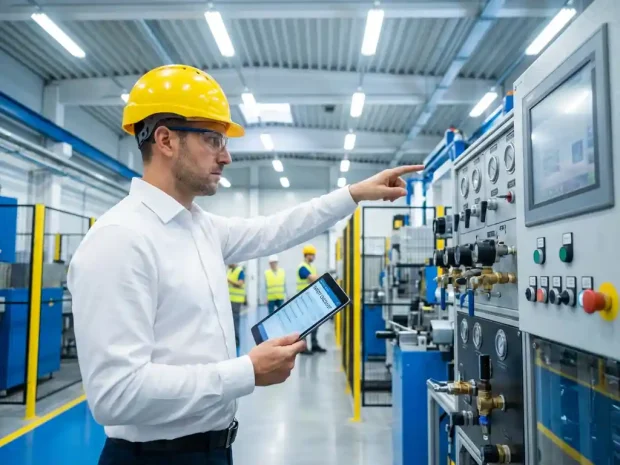 Professionele inspecteur met tablet en gele helm onderzoekt industriële apparatuur in moderne fabriek