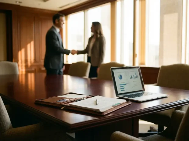 Zakelijke handdruk tussen executive en interim advisor bij mahonie vergadertafel met laptop en documenten