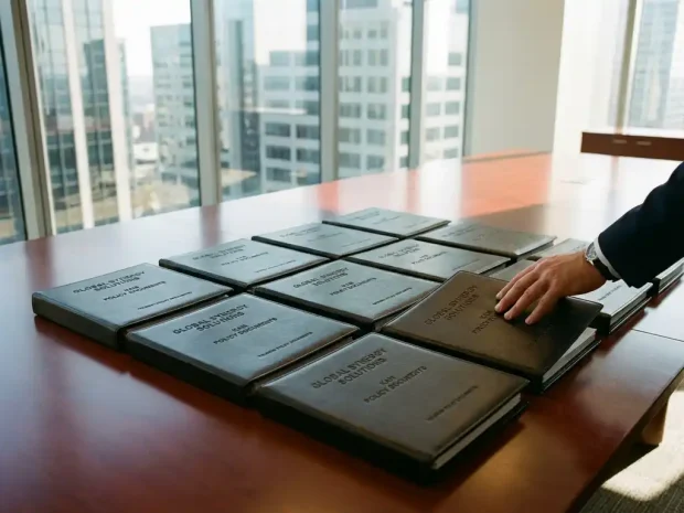 Uitvoerend medewerker plaatst laatste map met KAM-beleidsdocumenten op vergadertafel in moderne boardroom