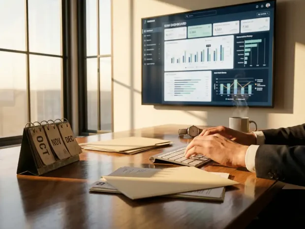 Zakenman typt op toetsenbord aan modern bureau met KAM dashboard op monitor, koffie en papieren dossiers zichtbaar