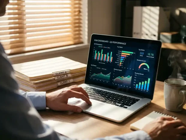 Professionele handen werken aan KAM-dashboard op laptop met kleurrijke datavisualisaties en accountgegevens op scherm