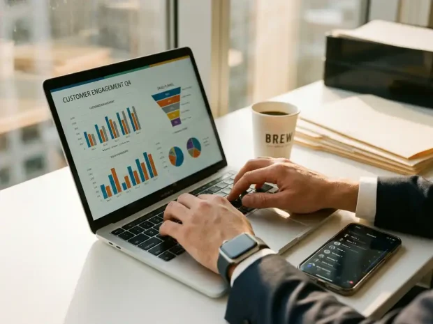 Zakelijke professional typt op laptop met CRM-grafieken, smartphone met klantgegevens en koffie op bureau