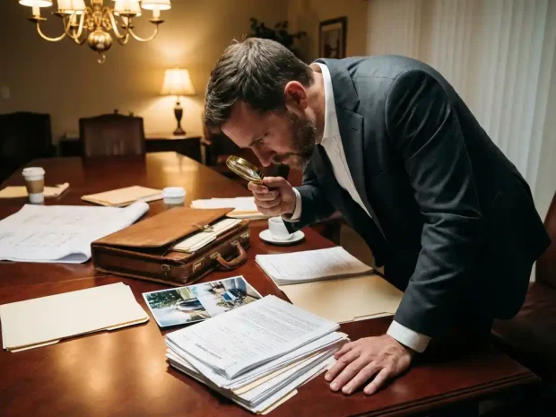 Professionele consultant onderzoekt ongevaldocumentatie met vergrootglas aan conferentietafel