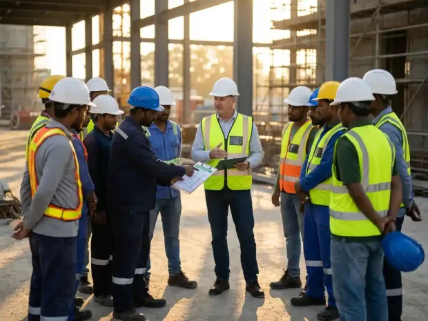 QHSE manager in witte helm leidt veiligheidsbriefing met diverse bouwvakkers op bouwplaats met staalconstructie