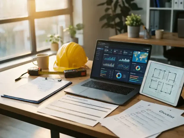 Moderne kantoorwerkplek met laptop die digitaal dashboard toont, veiligheidsdocumenten, tablet met plattegronden en helm