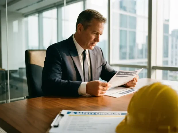 Zakelijke manager in pak bestudeert veiligheidsdocumenten aan vergadertafel met gele helm op voorgrond