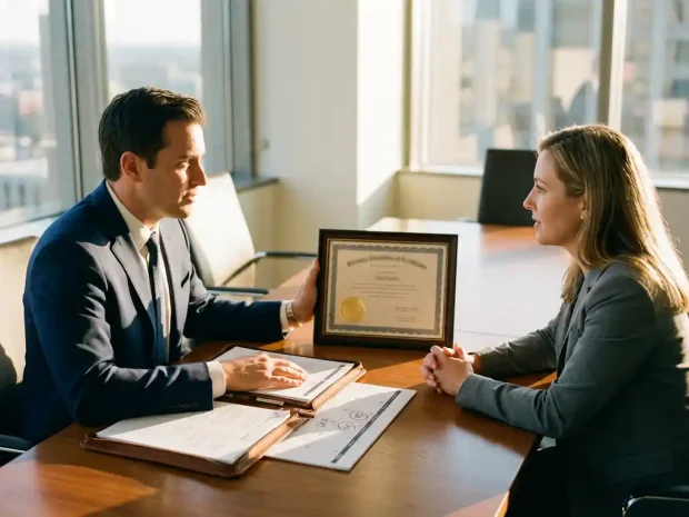 Professionele bedrijfsconsultant in marineblauw pak overleggt met klant aan conferentietafel met certificaat