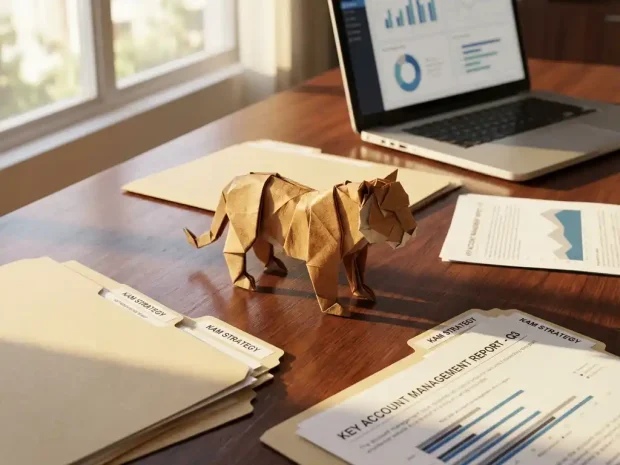 Papieren tijger origami op zakelijk bureau met KAM documenten, klantmappen en laptop met grafieken op achtergrond