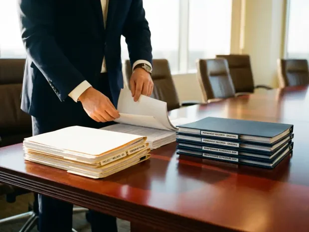 Zakelijke consultant in marineblauw pak vergelijkt tijdelijke en permanente documenten op vergadertafel