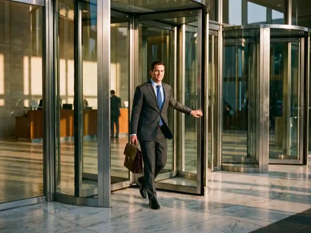 Professionele bedrijfsconsultant in pak loopt door glazen deuren van modern kantoorgebouw met aktetas in gouden zonlicht