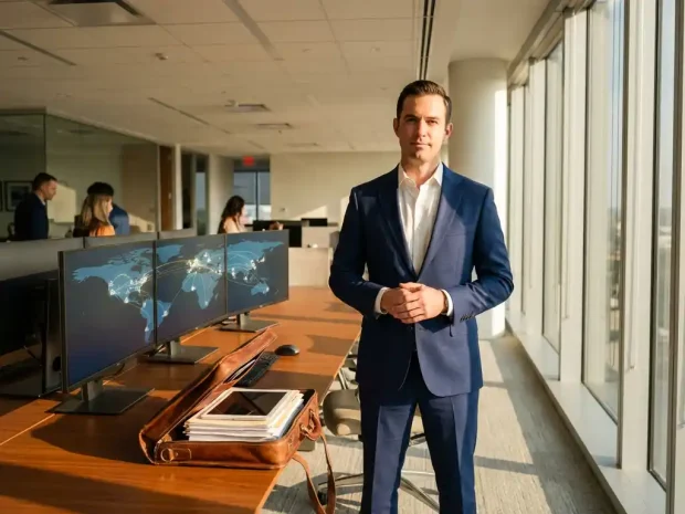 Professionele bedrijfsconsultant in marineblauw pak staat zelfverzekerd in modern kantoor met meerdere computermonitoren