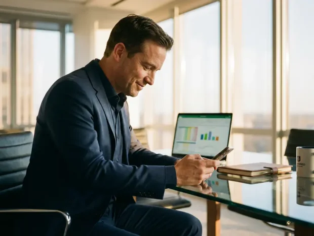 Professionele bedrijfsconsultant in marineblauw pak controleert smartphone aan glazen bureau met laptop in kantoor