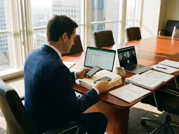 Professionele bedrijfsconsultant in marineblauw pak bekijkt klantdossiers aan vergadertafel met laptops en smartphones